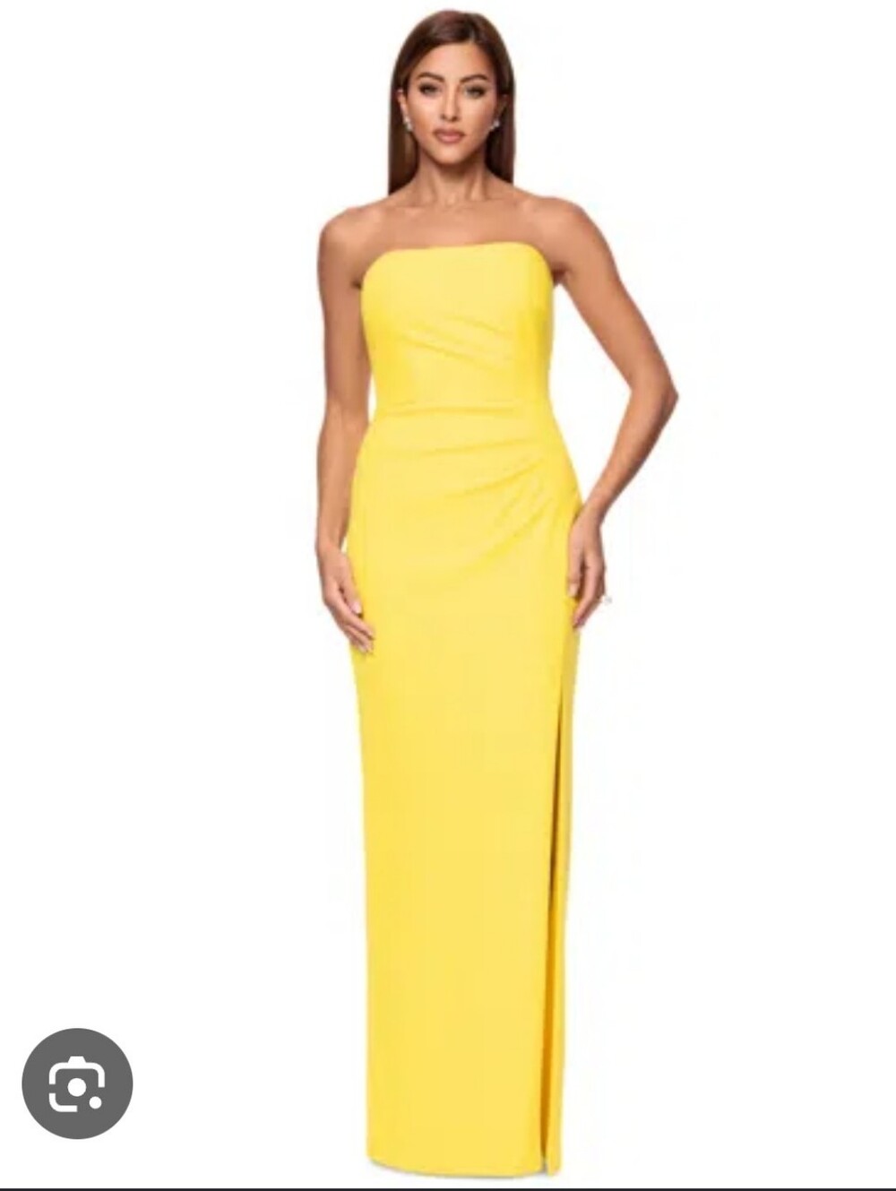 NWT Xscape Yellow Ruched Cowl Neck Maxi Dress Size 14 Slit Formal Strapless Gown